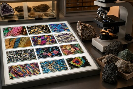 Lames min&eacute;rales color&eacute;es observ&eacute;es en laboratoire de g&eacute;ologie