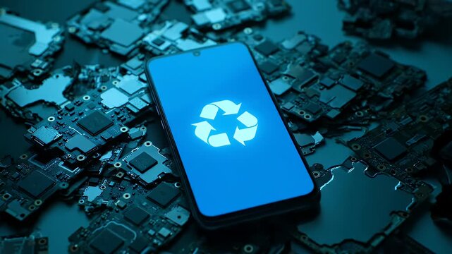 Electronic waste recycling concept with a glowing smartphone on top of circuit board