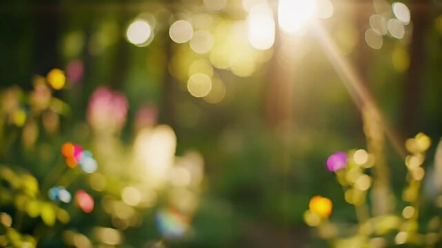 Golden sunlight filters through lush green forest leaves creating soft glowing bokeh circles that dance gently in this cinematic 4k video footage capturing the peaceful essence of a summer day