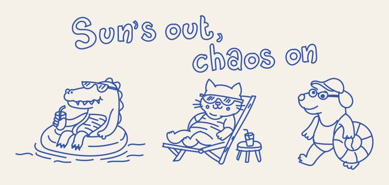 Hand Drawn Naive Summer Animal Doodle Characters Relaxing on Vacation with Funny Typography
