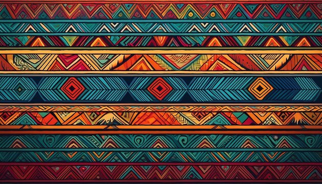 colorful aztec inspired tribal pattern features seamless geometric rows of traditional motifs in bold colors with clean lines and repetitive symmetry culture and design concept