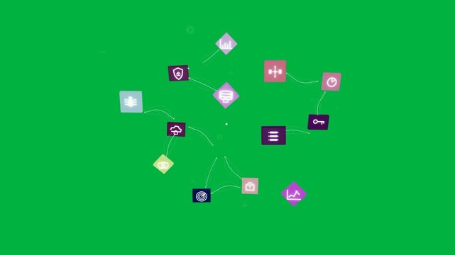 Icon cluster forming, settling, fading from purple key and dots, showing network on transparent bg