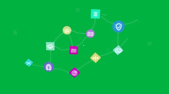On icon spawn, icons forming network, connectors stretching, visualizing dataflow on transparent bg