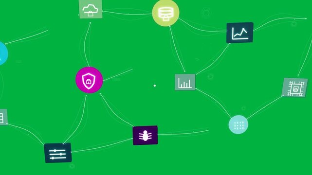 Magenta node emerging network forming on transparent BG, shield hub, server linking showing links