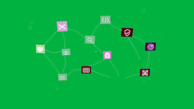 Code node appearing, square icons forming, linking ribbons showing network on transparent canvas