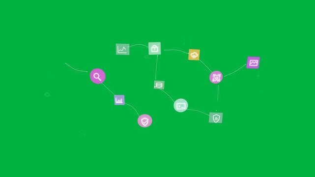 Purple square appearing, icons forming linking pulsing dissolving showing flow on transparent bg