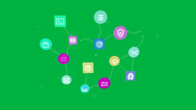 Offscreen icons entering, forming arch with links, dispersing to reveal menu on transparent plane