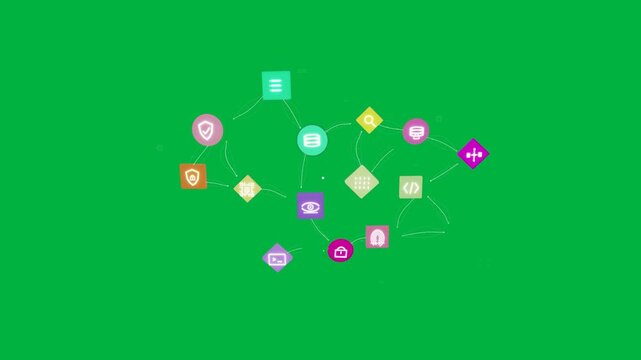 Icon nodes starting with orange shield, moving inward, linking into network on transparent canvas