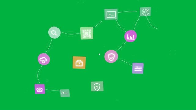 Dots sparking UI icons forming S linking via white lines then fading showing data flow transparent