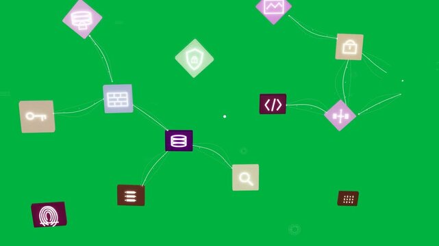 Dot pulsing badges sliding linking arcs retracting fading showing network on transparent background