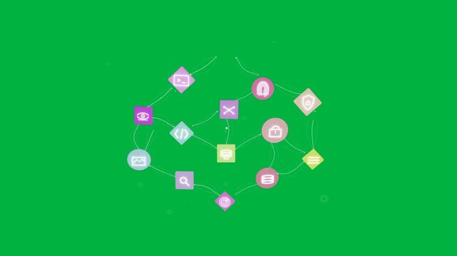 Dots and pink diamond starting pastel icons forming web, connecting, fading on transparent bg