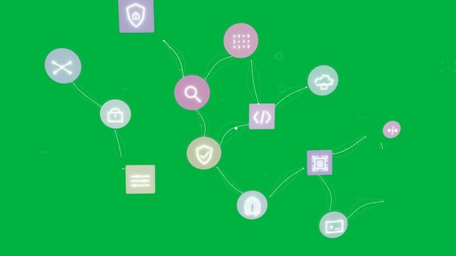 Blue node appearing UI icons assembling and lines branching showing network on transparent canvas