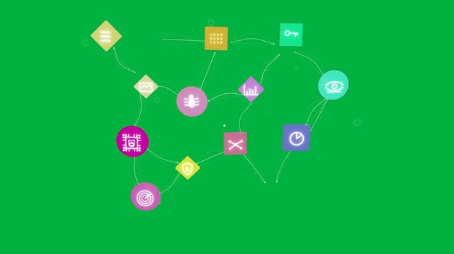 Dots and gold box emerging pink hub sending strands linking nodes showing network on transparent bg