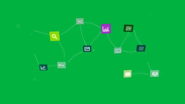 Edge markers starting icon tiles moving inward, forming two pulsing clusters on transparent canvas