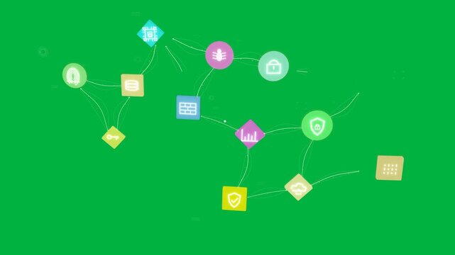 Lime diamond appearing, icon nodes linking with flowing strands, showing data on transparent canvas
