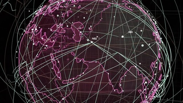 On play mesh globe rotating, tilting; nodes moving, labels showing network routes on transparent bg