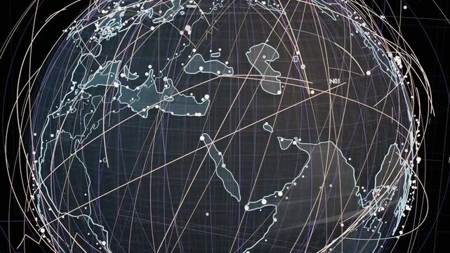 On start 3D globe rotating, revealing arcs and nodes on transparent backdrop mapping trajectories