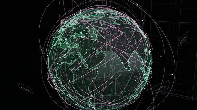 On update wire globe rotating view orbiting nodes pulsing to show network on transparent background