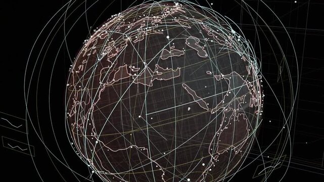 On update wire globe rotating, arcs sweeping, nodes pulsing, showing global flows, transparent BG