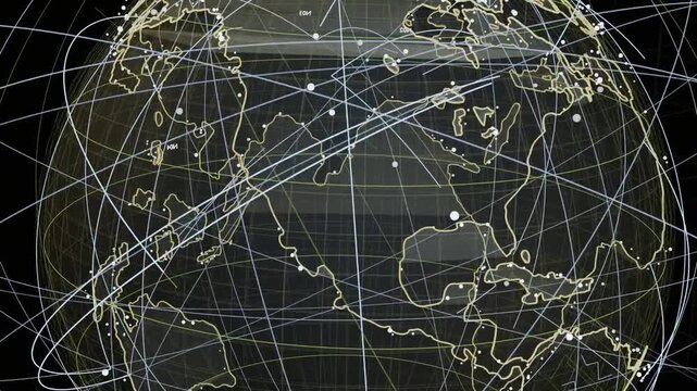 On load stylized globe rotating, arcs crossing and nodes lighting on transparent bg to show network