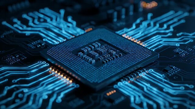 computer processor chip with glowing blue light trails on a dark digital background.