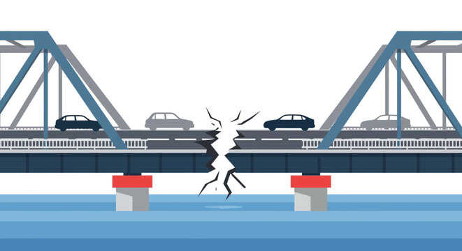 Flat vector illustration of a broken bridge with cracks and cars on the road
