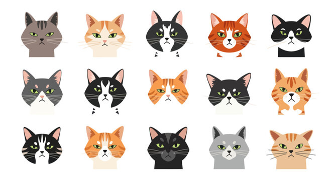 Set of flat grumpy cat face icons in various colors and patterns