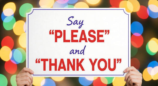 a colorful sign with a polite message being held by two hands in front of a vibrant background of multicolored lights at night with a white border and blue and red text