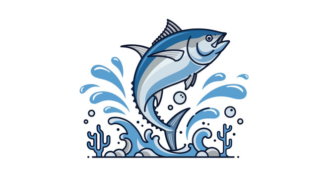 Stylized tuna fish jumps out of ocean water with splashes.