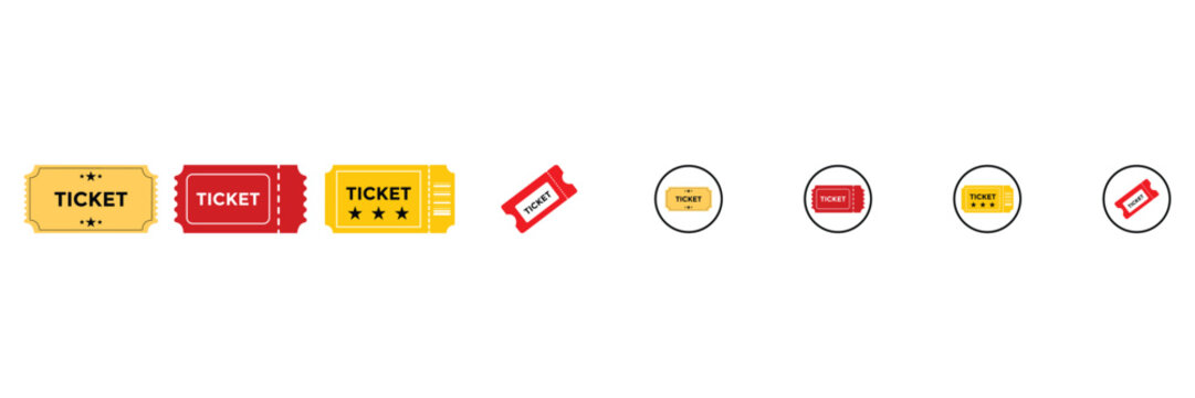 Ticket and Cinema Admit Icon Set Vector with Movie, Concert, Event, Travel, Coupon, and Raffle Ticket Symbols in Line and Solid Styles