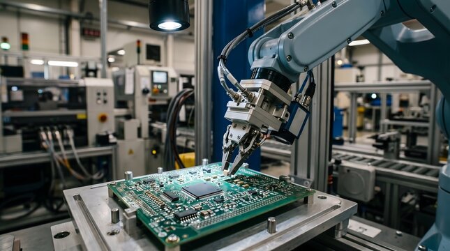 Precision industrial robot arm using machine vision to pick and place electronic components on a motherboard in a high-tech manufacturing facility.