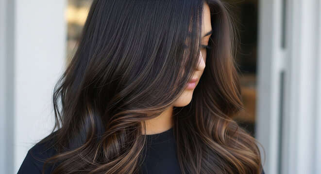a beautiful young woman with long dark brown hair and subtle highlights posing in front of a blurred background with white frames and glass panels wearing a black top