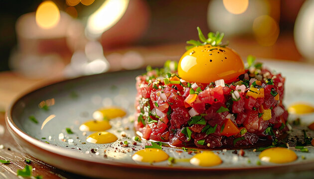 Gourmet beef tartare with finely chopped fresh ingredients and bright egg yolk on top, ceramic plate, appetizing textures, delicious refined dish