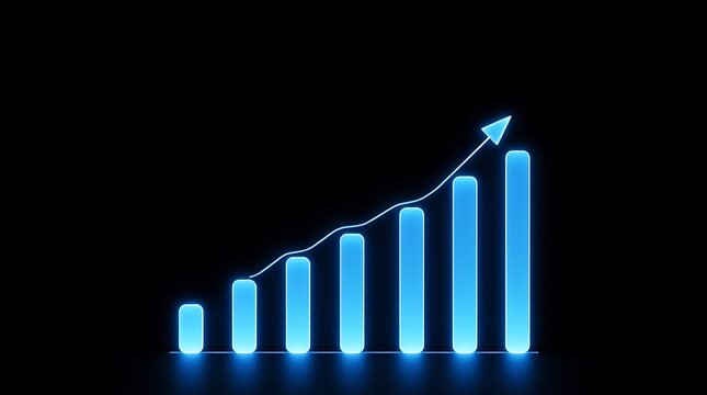 Shining blue bar chart with rising trend arrow symbolizing business profit and success.