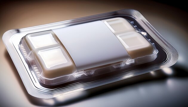 close up macro shot of a biodegradable blister packaging mockup for an electronics accessory with transparent film and blank white card backing even lighting for clarity concept