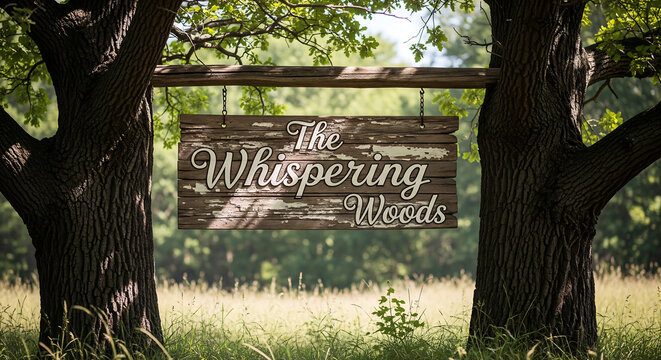 a rustic wooden sign hangs between two large tree trunks in a sunny meadow with lush green grass and trees in the background on a bright day