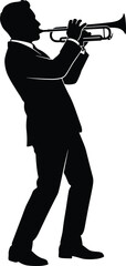 Silhouette of man playing trumpet, jazz musician performance pose, elegant formal attire, isolated black figure creating music on white background © boishakhisarker
