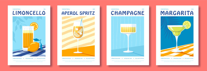Obraz premium Set of summer Italian flat posters or covers with cocktails. Menu design. Vector illustration