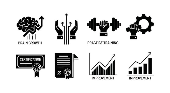Set of icons representing business growth, personal development, and success with symbols of brain growth, practice, certification, and improvement charts