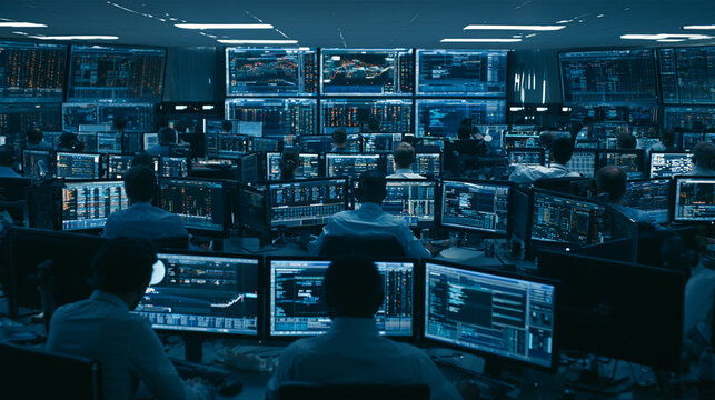 High-Tech Office Workspace: Monitoring Stock Trends with Multi-Monitor Workstations for Data Analysis and Cybersecurity