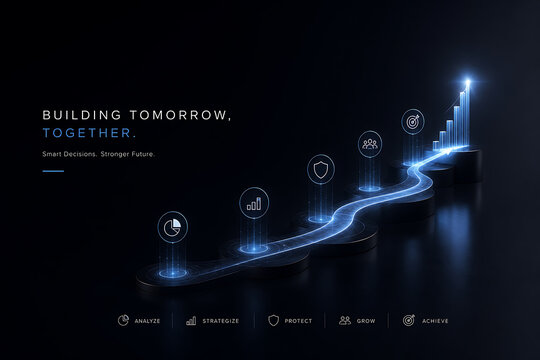 A futuristic staircase leads to success with glowing blue lights and icons.