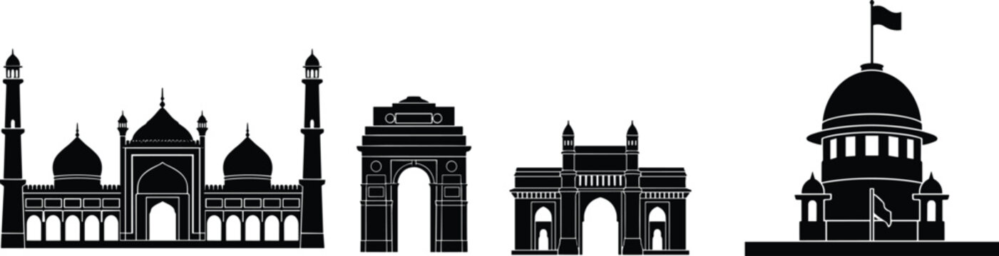Silhouettes of Iconic Indian Landmarks Including Taj Mahal, India Gate, Gateway of India, and Supreme Court Representing Culture and Heritage