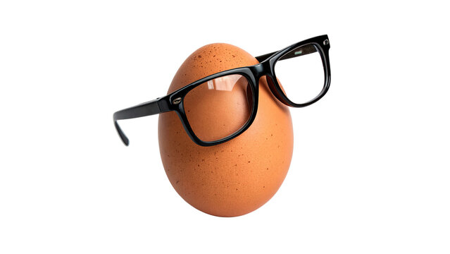 Funny brown egg wearing black glasses for creative concept humor and social media content ideas isolated on transparent background