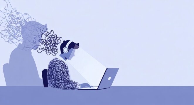 Person wearing vr headset working on laptop with abstract thoughts