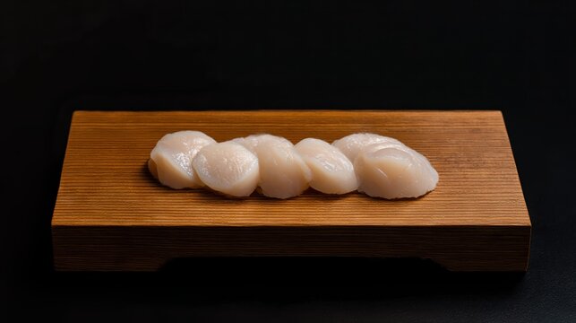 Delicate Hotate sashimi on dark wood stage