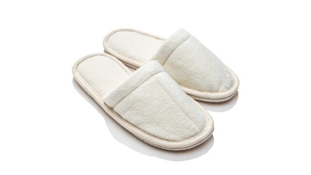 Pair of comfortable white fabric slippers for indoor home relaxation and hotel spa service concepts isolated on transparent background