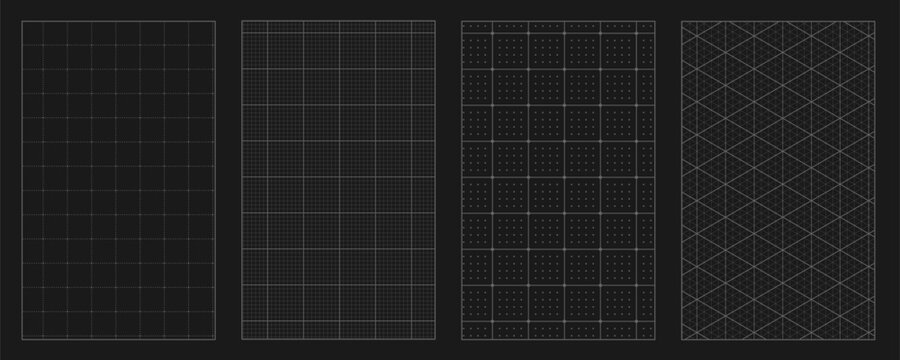 Black blueprint grid background set. Square grid notebook sheets, school note paper texture, editable stroke vector design for technical drawings, planners and templates