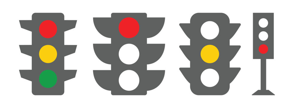 Traffic Light and Stoplight Icon Set Vector with Red Yellow Green Signals, Semaphore Symbols, and Transportation Control Signs in Glyph and Flat Styles
