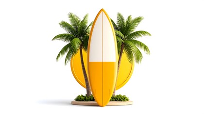 Fototapeta premium Bright yellow surfboard, two palm trees, and sun. Summer vacation concept