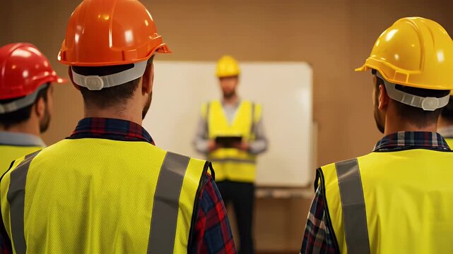 Construction workers safety briefing with supervisor explaining site rules in office